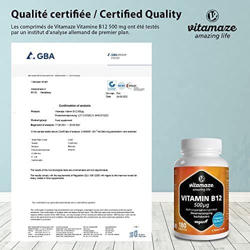 Vitamine B12 500 mcg Méthylcobalamine Hautement Dosée & Végétalienne - 180 comprimés pour 6 mois - Complément Alimentaire Naturel Sans Additifs
