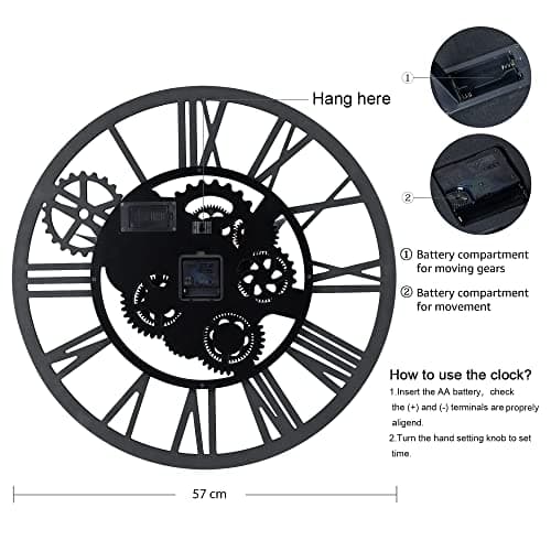 Lafocuse Horloge Murale Geante avec Engrenages Mobiles, Marron Industrielle Bois, Steampunk XXL Vintage Pendule Murale Retro, Chiffres Romains 57cm pour Salon Bar Bureau