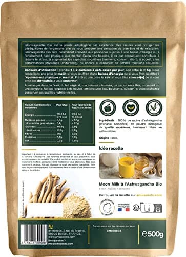 Ashwagandha en Poudre Bio 500G | Ginseng Indien | Stress, Sommeil, Adaptogène | Poudre de Racine 100% Pure d'Ashwagandha (Withania Somnifera) Biologique (Ginseng indien), Qualité Supérieure