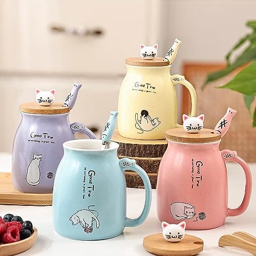 DONGSHANGIFT Set de 2 Tasse à thé et café en forme de chat en céramique avec couvercle Kawaii Mugs mignons pour femmes 500ml Noël Anniversaire cadeau (Bleu et rose)