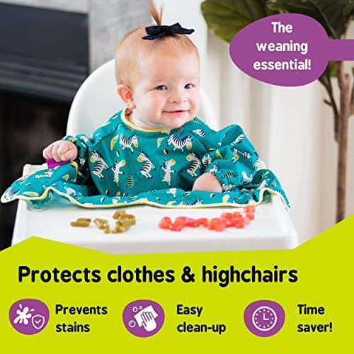 Tidy Tot®TM Cover & CatchTM Pack Duo. 2 Bavoir Manches Longues pour Bébé. Se Fixe sur les Chaises Hautes. Tablier Imperméable pour L'alimentation des Bébés. Bavoirs DME. Sac de Voyage Inclus.