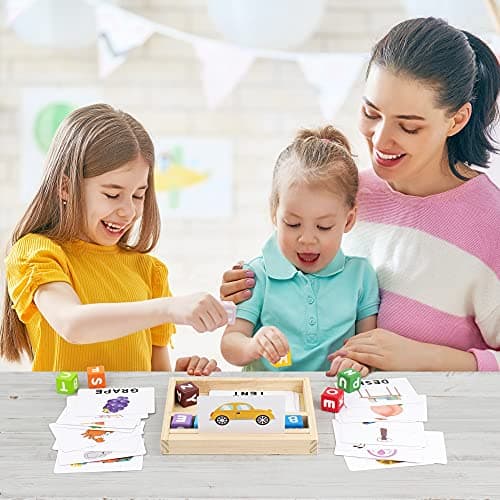 Coogam Blocs de Couleur Jeux d'orthographe, Lettres Assorties en Bois Jouet avec Mots Cartes Flash, Alphabet ABC Apprentissage éducatif Montessori Puzzle Cadeau
