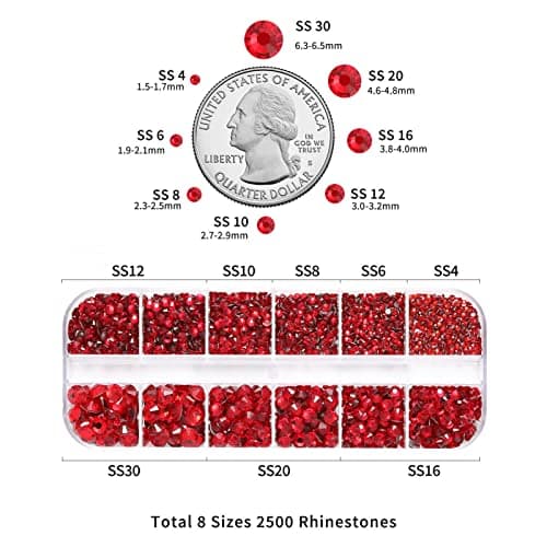 Beadsland strass pour le maquillage,8 tailles 2500pcs cristal dos plat strass visage pierres précieuses pour l'artisanat ongles avec des pinces et un crayon de cire,Le Siam,SS4-SS30