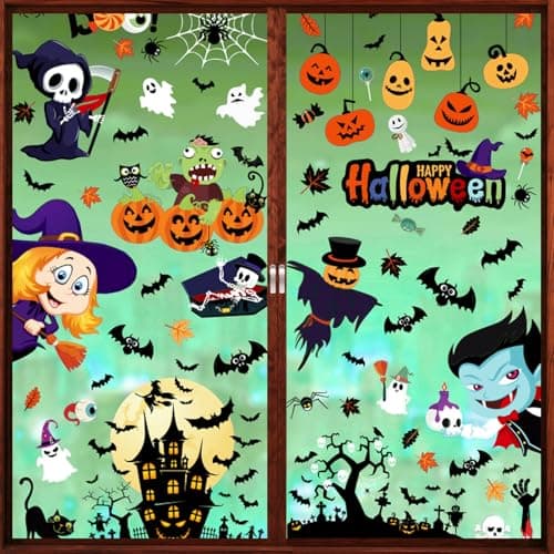 Zindoo Halloween Decoration Stickers Fenetre d'halloween 9 feuilles 101 Pièces Autocollants de Fenêtre d'halloween pour enfants, Mignon Enfantin Impression Recto-Verso pour Vitres Portes Miroirs