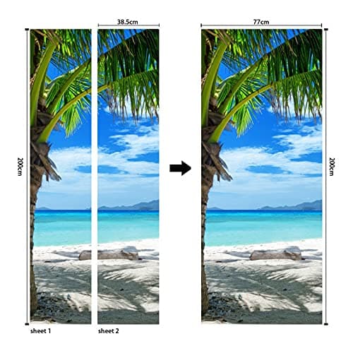 A.Monamour Sticker Porte Autocollant Poster De Porte 3D Cocotier Tropical Plage De Sable Bleu Mer Nature Paysage Vinyle Affiche De Porte Sticker Mural Papier Peint Art Décor 77 x 200 cm