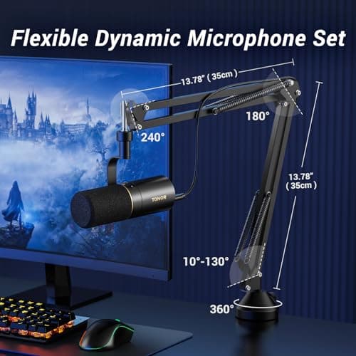TONOR Micro Cardioïde Dynamique USB/XLR avec Bras de Support pour PC PS4 PS5, Microphone de Studio pour Podcasting, Gaming, Streaming, Enregistrement Vocal avec Prise Casque 3,5 mm, Bouton Mute,TD510+
