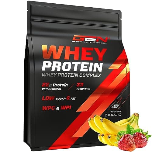 Whey Protein Complex - 1000 g (Fraise et banane) - Avec part d'isolat - Poudre de protéine soluble instantanée avec BCAA & EAA - German Elite Nutrition