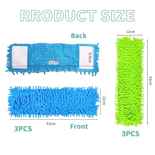 HTTYHT 6 pièces Housse de vadrouille pour Le Nettoyage des sols 42 x 12 cm serpillères en Chenille Bleues/Verte serpillères en Microfibre lavables et réutilisables pour Le Nettoyage des sols