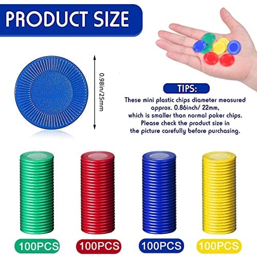 400 Pièces Jetons de Poker, Jeton de Jeu, 4 Couleurs Jeton Poker en Plastique, pour Apprendre Le Calcul Mathématique, Bingo (Rouge, Bleu, Vert, Jaune, 0,86 Pouces)