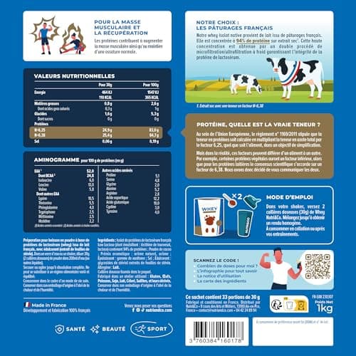 NUTRI & CO Whey Isolate Native - Jusqu’à 94% de Protéines - Pur Lait Français Low Lactose Digestion Facile - Riche en BCAA - Prise de Masse & Musculation - 1kg 33 portions goût Chocolat