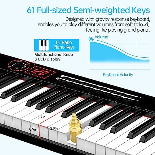 TERENCE Piano Numérique 61 Touches Lumineuses support de partitions semi-lestées avec Stands et Batterie de 1750mAh et interface MIDIBluetooth Sacs pour Clavier Câble audio Casque Noir