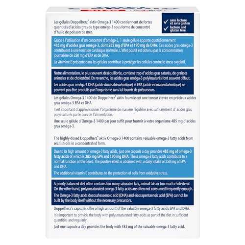 Doppelherz – Omega-3 1400 – Teneur élevée en acides gras Oméga 3 EPA et DHA & vitamine E – Pour la bonne fonction cardiaque – Huile de poisson de mer – 120 gélules