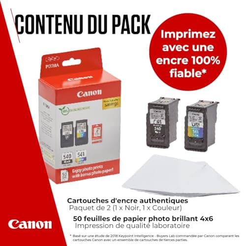Canon Pack Encre & Papier - PG-540/CL-541 Cartouches d'encre Authentiques pour imprimante - 2 Packs (1x Noir, 1x Couleur) & Papier Photo 4x6 (50 x Feuilles) - Compatible avec l'imprimante PIXMA
