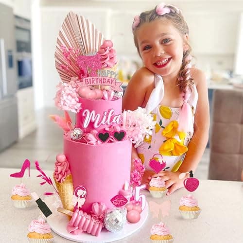 JeVenis birthday décoration de gâteau d'anniversaire de fille rose vif décoration d'anniversaire de fille rose boules roses feuilles de palmier talons lipstick sacs cake topper