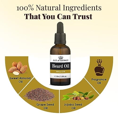 Jax of London Huile à barbe Million pour homme, huile de soin pour la barbe, huile de croissance pour la barbe pour hommes, composée de vitamine E, d'huile d'amande, d'huile de jojoba, parfum luxueux