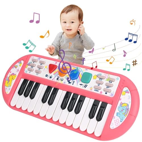 Clavier de Piano pour Enfants, Bestcool 24 Touches Multi-Fonctions Musique Clavier avec Lumière Enregistrement et Lecture Clavier électronique pour Enfants Jouet Educatif pour Anniversaire 3+ (Rose)