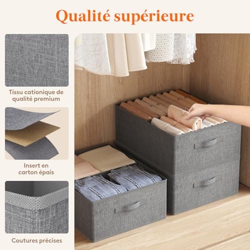 Lifewit Boite Rangement Vetement Lot de 4, Rangement Armoire Placard Pliable, Organisateur Tiroir Vetement avec Cloison Amovible, Rangement Dressing, Casier de Rangement 40L(50x40x20cm), Gris Clair