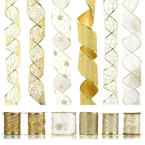 LIHAO 6 Rouleaux de Ruban de Noël, Runban de Soie Pailleté pour Décoration de Sapin de Noël, Fête de Mariage, Emballage de Cadeau (600×6.5CM, 6 Motifs)