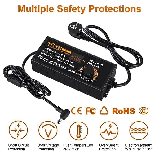 9~36V 4A 144W Adaptateur Alimentation Réglable, Adaptateur Secteur Universel Convertisseur, 100V-240V AC à DC 4A avec 14 Connecteurs, pour électroniques Ménagers 9V~36V et la Bande LED, 4000mA Max