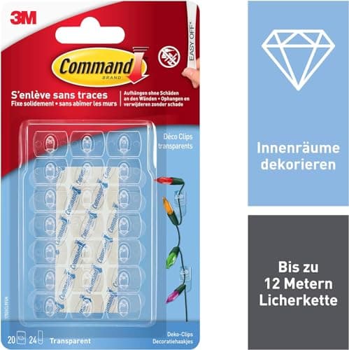 Command Crochets de Fixation, Lot de 20 Mini-Crochets Transparents et de 24 Petites Bandes Adhésive - Pour la Décoration des Guirlandes Lumineuses, Accrochage Sans Dommage