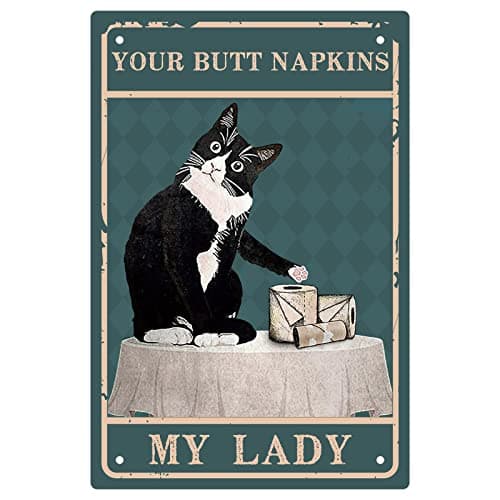 CREATCABIN Salle de Bain Chat Noir Plaque en Métal en Fer Blanc Affiches Vos Serviettes My Lady Art Print Rétro Vintage Étanche pour Toilettes Toilettes Mur Maison Maison Cafés Bar Cadeau Plaque Décor