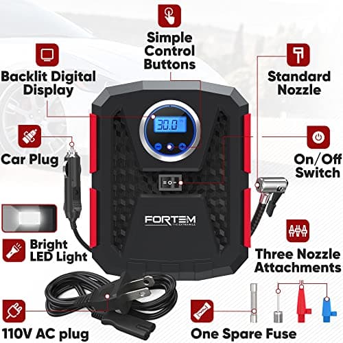 FORTEM Gonfleur de Pneus 150 PSI, Pompe à Vélo, Pompe à Air 230V AC 12V DC Pour Pneus de Voiture, Manomètre Digital Avec Pompe Automatique/Arrêt, étui de Transport (rouge)