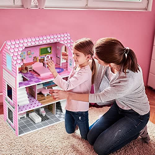 VA-Cerulean Maison de poupée en bois avec meubles, kit de jeu princesse villa de poupée, simulation rose, maison de poupée pour enfants à partir de 3 ans, jeu de puzzle, scénario (type A)