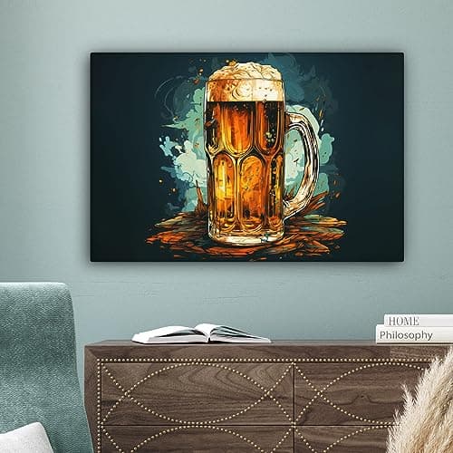 MuchoWow© Impression sur Toile Decoration Murale Peinture 60x40 cm Tableaux Decoratifs Muraux Décoration Chambre Rétro - Bière - Pulpe - Verre - Peinture - Bleu