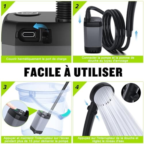 Spopal Camping Douche Portable, [Imperméable] Kit Douche de Camping,Pompe de Douche Électrique Rechargeable,6000mAh, avec Afficheur Intelligent et Pomme de Douche 4 Modes pour Extérieure,Camping