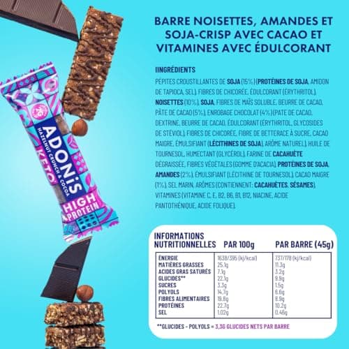 Barres Adonis Keto Riches en Protéines aux Noisettes Croquantes et Chocolat (16 Barres de 45g) | Végétalien et Keto l 100% Naturel l Sans Sucre, Sans Huile de Palme, Sans Lactose Faible