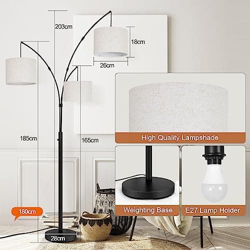 OUTON Arc LED-Stehlampe mit Fernbedienung, dimmbar, modern, schwarz, 3 Lichter, gewölbte hohe Stehlampe, Mid-Century, verstellbare Steh-Ecklampe mit Hängeschirm für Schlafzimmer, Büro, Wohnzimmer