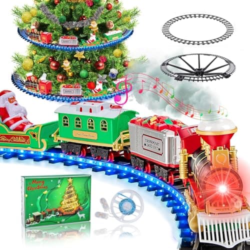 BuzzoXerex Train Electrique Noel, Train de Noel Electrique pour Sapin avec Guirlandes Lumineuses LED Bleues, Train Electrique Enfant avec Spray et Son