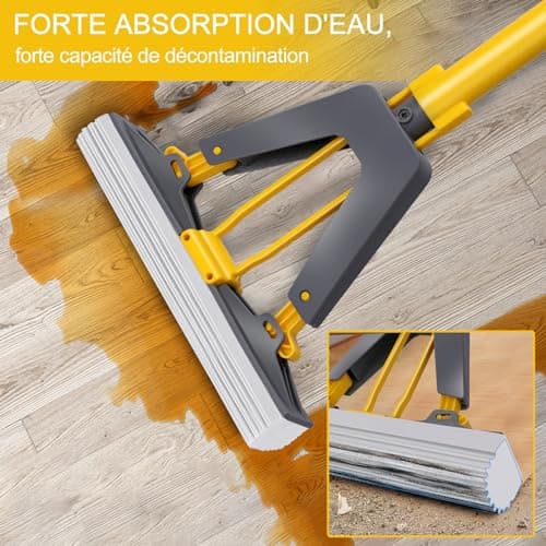 Masthome Balai Eponge Absorbant avec Essoreuse Intégrée, Balai Serpillière avec 3 Réutilisables PVA éponge Head, Poignée Réglable de 130 cm, Serpillière éponge pour Nettoyage Sols