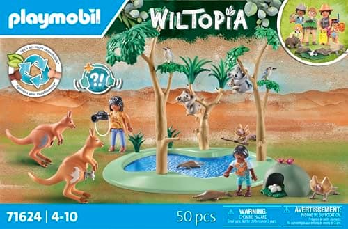 Playmobil 71624 Explorateurs avec Animaux australiens - Wiltopia - Comprend Deux Personnages, Une Mare, des Animaux Ainsi Que des Accessoires - Dès 4 Ans