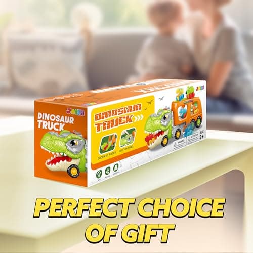 JOYIN Mini Camion de Transport de Dinosaures avec 6 véhicules Jouets en Caoutchouc Souple, avec Musique et Son Puissant, lumières Clignotantes, Cadeaux pour garçons et Filles à partir de 2 Ans(orange)