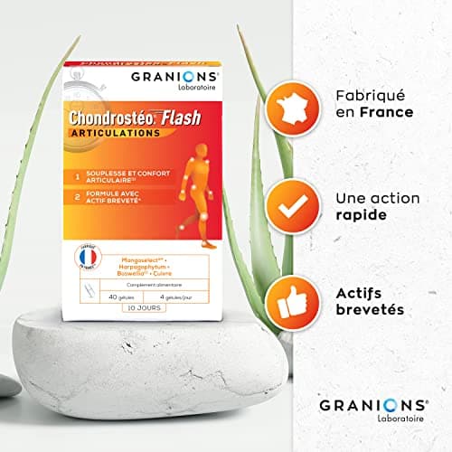 GRANIONS Chondrostéo+ Flash Articulations - 40 Gélules = 10 Jours - Mangoselect (Garcinia Mangostana), Boswellia, Harpagophytum - Confort Articulaire - Laboratoire des Granions - Marque Française