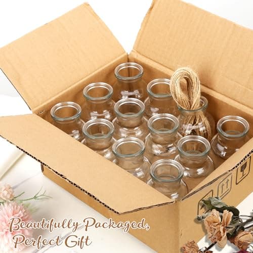 Lannvan 12 Mini Vases en Verre - Petits Vases pour Decoratifs de Table Mariage - Vases Décoratifs avec Ficelle - Mini Vase en Verre pour Décorations de Table Moderne - Lave Vaisselle - 130ml