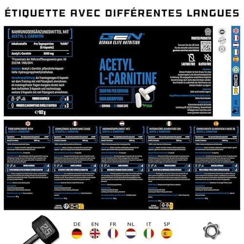 Acetyl L-Carnitine 3000 avec 250 gélules - 3000 mg par portion quotidienne - Premium : L-Carnitine sous forme d'acétyle - hautement dosée - Vegan