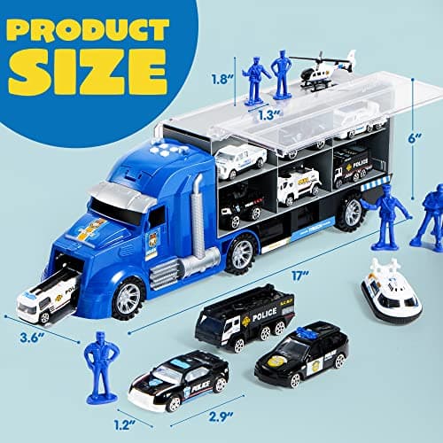 JOYIN Ensemble de Jouets de Camion de moulé sous Pression 25 en 1, Ensemble de véhicules de Jeu dans Un Camion Porteur, Cadeaux d'anniversaire pour Enfants (Voitures de Police)