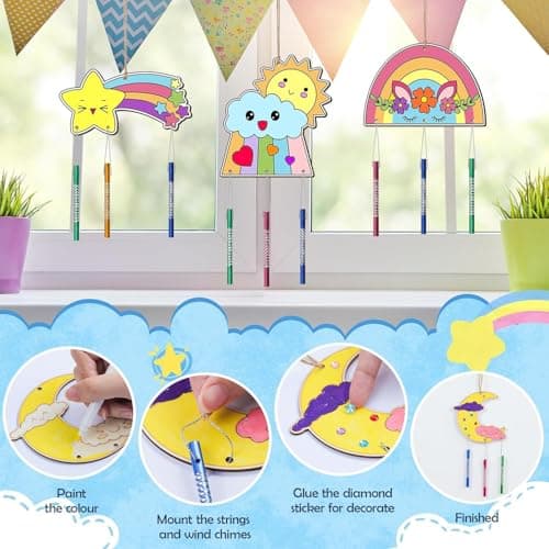 lriattp Bricolage Carillon à Vent, Bois à Peindre Décoration Suspendue DIY Activité Manuelle Anniversaire pour Enfants Loisirs Créatifs Cadeau Anniversaire Fête (Arc-en-ciel)