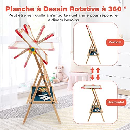 DREAMADE Chevalet d’Art pour Enfants, Chevalet en Bois Double Face Réglable avec Tableau Blanc Magnétique & Tableau Noir, Rouleau de Papier Bonus et Aimants en Lettres, Planche à Dessin Debout