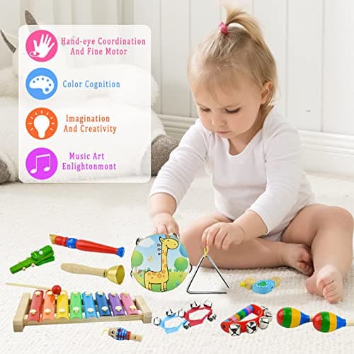 27pcs Instruments de Musique Musicaux pour Enfants, Kikuo Bois Percussion en Bois pour Bébé, D'instruments de Musique pour Les Tout-Petits - Favorise Le Développement Précoce - Sac à Dos Inclus