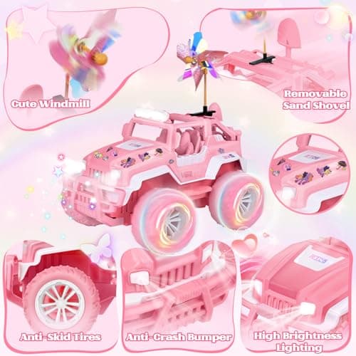 Ulikey RC Voiture Telecommandé, Voiture Télécommandée Fille, Jeep Rose 1:16 avec Lumières LED, Camion SUV Tout-Terrain 2,4 GHz, avec Moulin à Vent, Cadeaux Jouets Anniversaire pour Fille 4-12 Ans