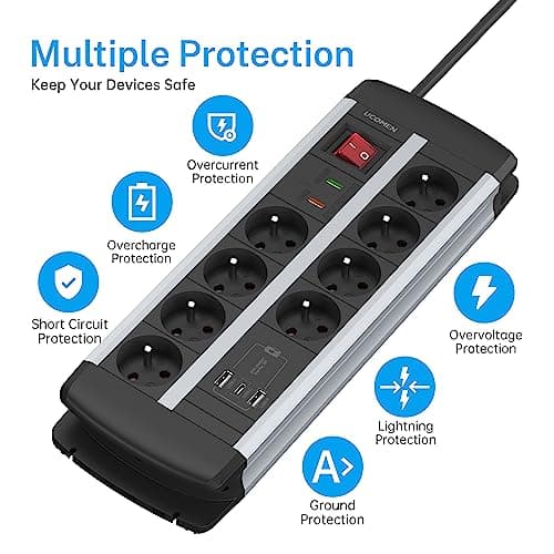 UCOMEN Multiprise Parafoudre avec Chargeur Rapide USB A et USB C 20W,Multiprise 8 Prises (3680W 16A) Parasurtenseur et Surtension avec Interrupteur, Câble de 1,5m,Multiprise Bureau Type E (FR), Noir