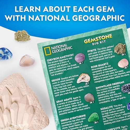 NATIONAL GEOGRAPHIC Kit d'Excavation de Gemmes avec 10 Véritables Pierres Précieuses pour Enfants, Découvrez Les Pierres Précieuses avec des Outils d'Excavation et Une Loupe, Kits de Science