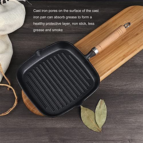 Poele Fonte, Poêle à Griller En Fonte, Grill à Steak, Bâtons Quadrate En Fonte Steak Pan, Plaque De Cuisson Antiadhésive Poêles à Griller Avec Poignée En Grain De Bois, Pour Griller, Frire, Sauter