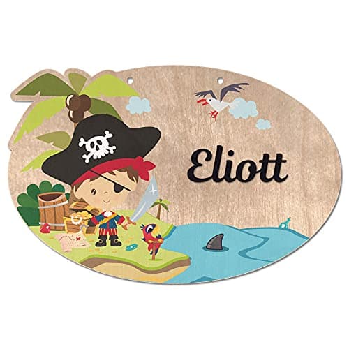 Plaque de Porte Chambre Enfant - Pancarte en Bois Personnalisable - décoration Enfant Pirate - 2 perçages en Haut, Plexi Noir
