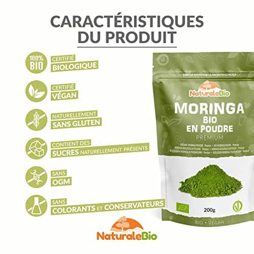 Moringa Oleifera Bio en Poudre - Qualité Premium - de 200g. Organique, Naturel et Pur. Feuilles de la Plante du Moringa Oleifera. NaturaleBio