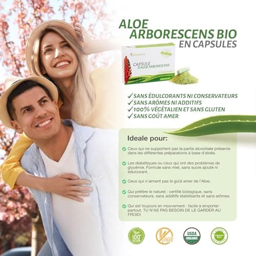 ALOEBETA Aloe Vera Arborescens Bio en Capsules Végétales - 100% Aloe Arborescens BIO - Made in Italy - Complément alimentaire BIO - Sans édulcorant ni conservateur, sans OGM - 30 paquets de Gélules