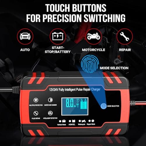 Husgw Chargeur de batterie 12V/24V 8A,chargeur intelligent doté de multiples fonctions de protection, de maintenance et de réparation automatiques,adapté aux voitures,camions,AGM,Gel et SLA (8-100 AH)
